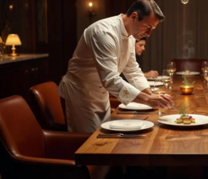 Chef's table exkluzív vacsora, ahol a séf személyesen tálal a vendégek asztalánál elegáns környezetben