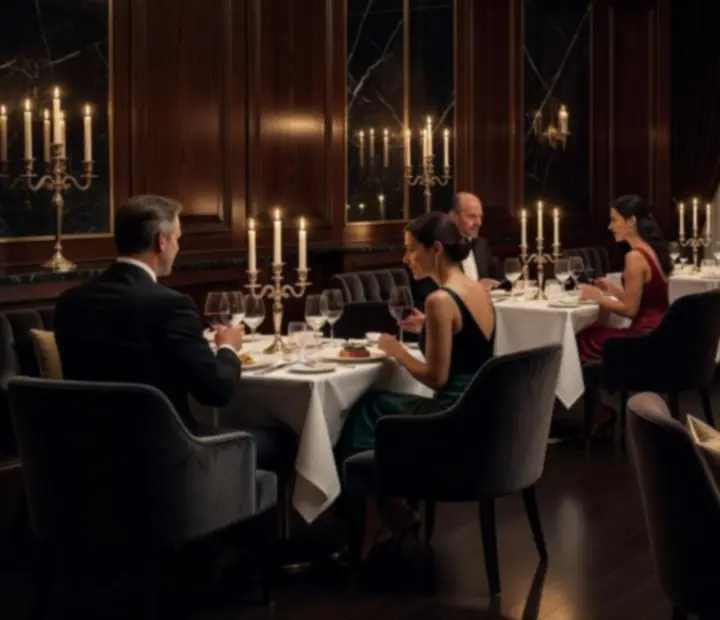 Cinematikus, gyertyafényes gourmet vacsoraest és elegáns poker asztalok egy luxus étteremben