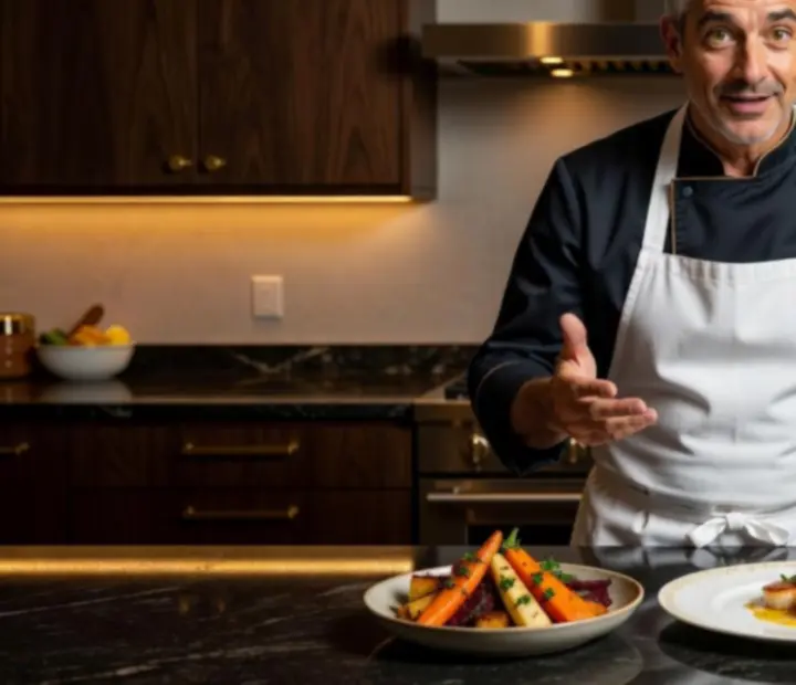 Vezető séfünk fine dining tányérral egy elegáns interjú közben a Talalkozohubban