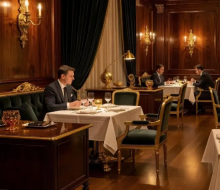 Elegáns, gyertyafényes luxus éttermi enteriőr sötét diófa burkolatokkal és arany részletekkel a Talalkozohubban.