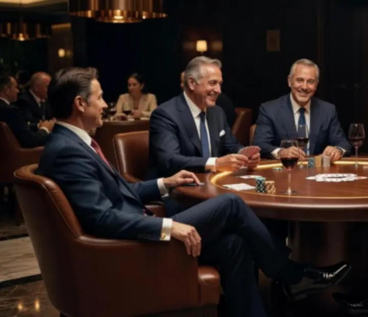 Stílusos póker lounge: vendégek beszélgetnek, nevetnek és játszanak meleg, arany fényben úszó, luxus belső térben.