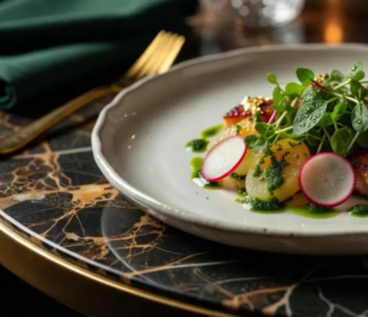 Látványos fine dining tányér: művészien tálalt, szezonális gourmet fogás elegáns éttermi környezetben.