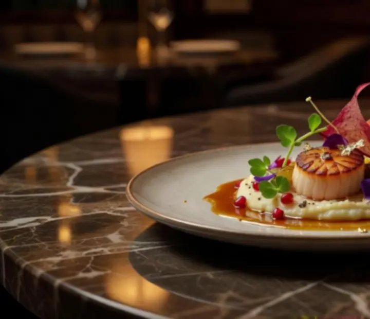 Elegánsan tálalt signature fine dining fogás a Talalkozohub éttermében, művészi kompozícióval.