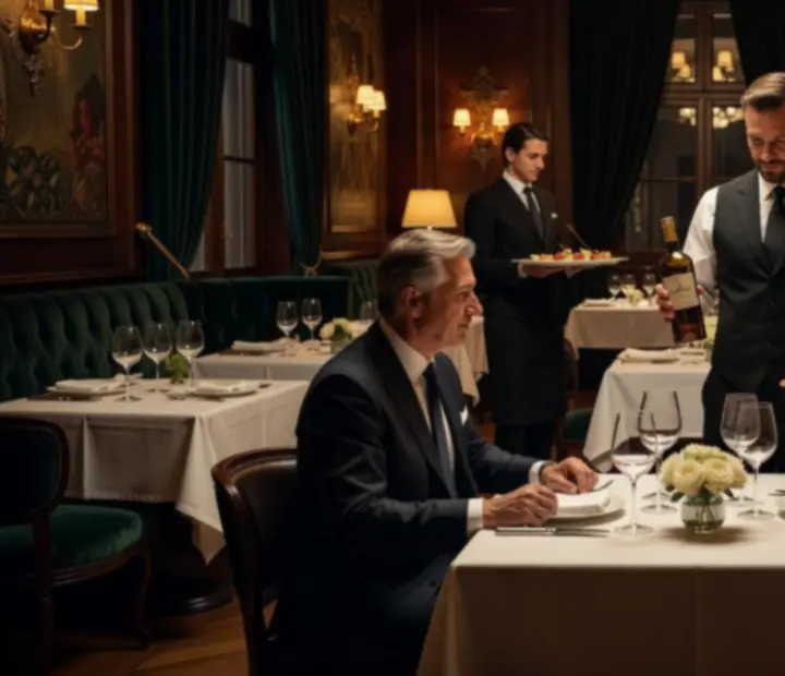 Sommelier elegáns éttermi térben, finom borokat kínálva gyertyafényes asztalok mellett.