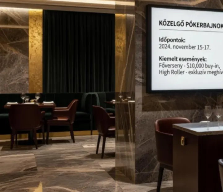 Prémium bőrfalra helyezett elegáns pókerbajnokság naptár a Talalkozohub Tournament Lounge-ban